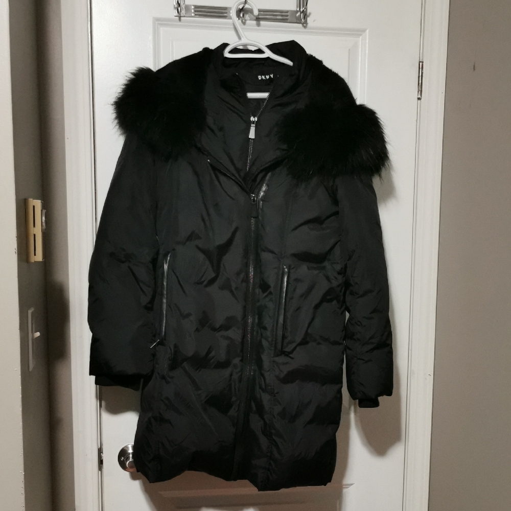 DKNY Black Puffer Jacket with Fur Trim